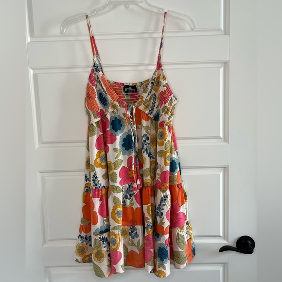 Angie Floral Print Smocked V Neck Babydoll Mini Sundress Cottagecore Ruffle M - Picture 4 of 15
